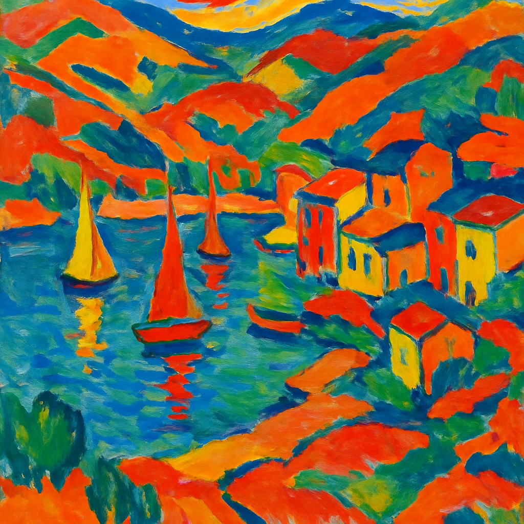 Paysage fauviste aux couleurs pures dans le style de Derain et Matisse