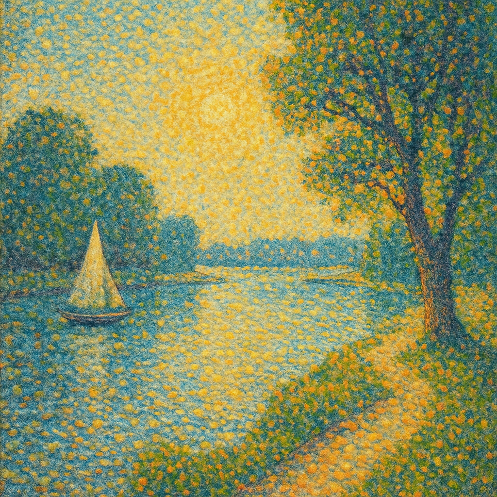 Paysage pointilliste dans le style de Seurat et Signac